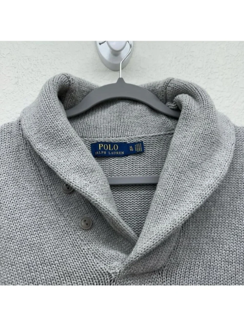 Polo Ralph Lauren Grey Shawl Collar Spellout Letterman Cotton Sweater Mens XL
